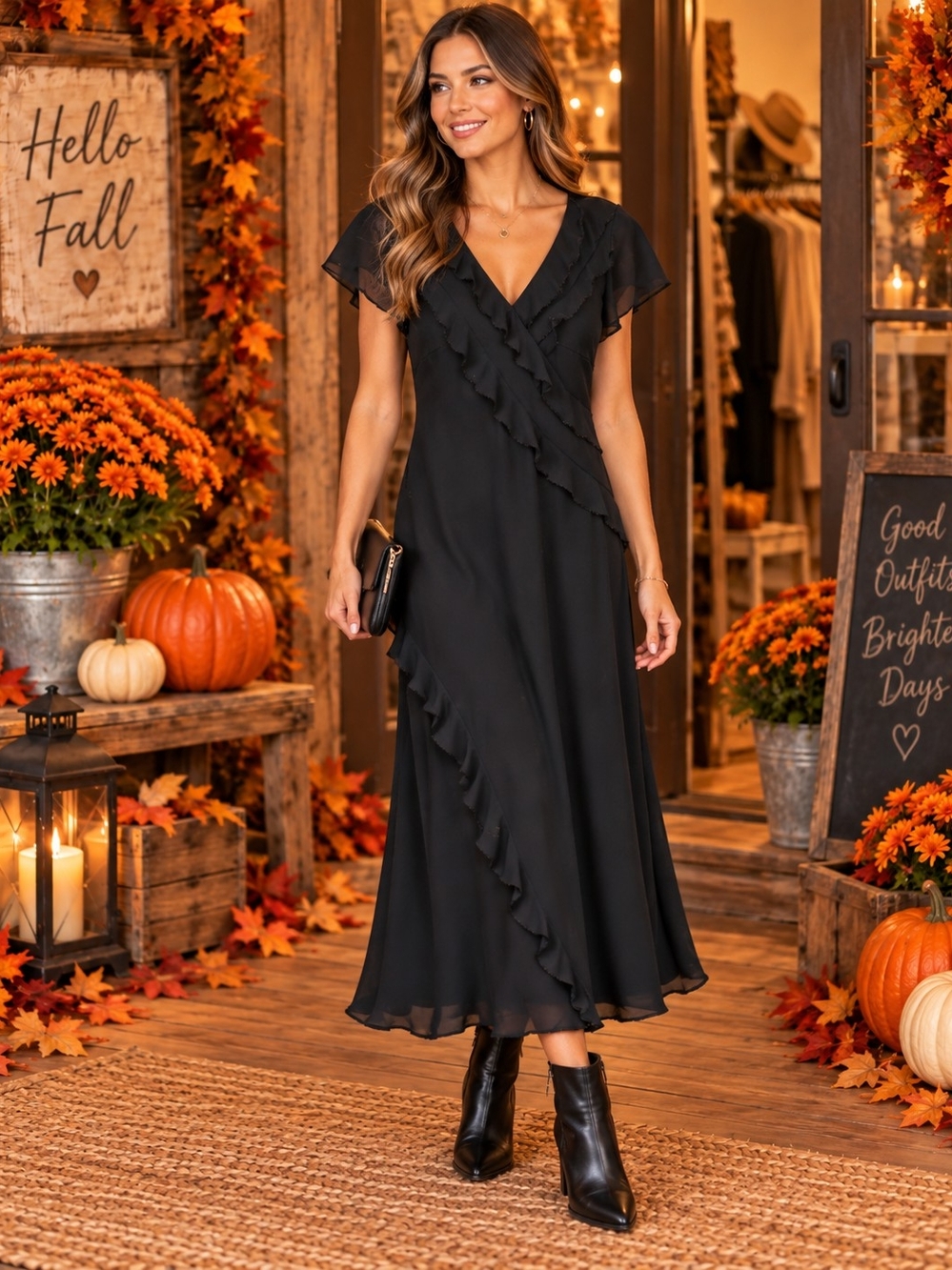 Vintage Robbie Bee Black Ruffle V-Neck Midi Dress Holiday, Wedding, party
